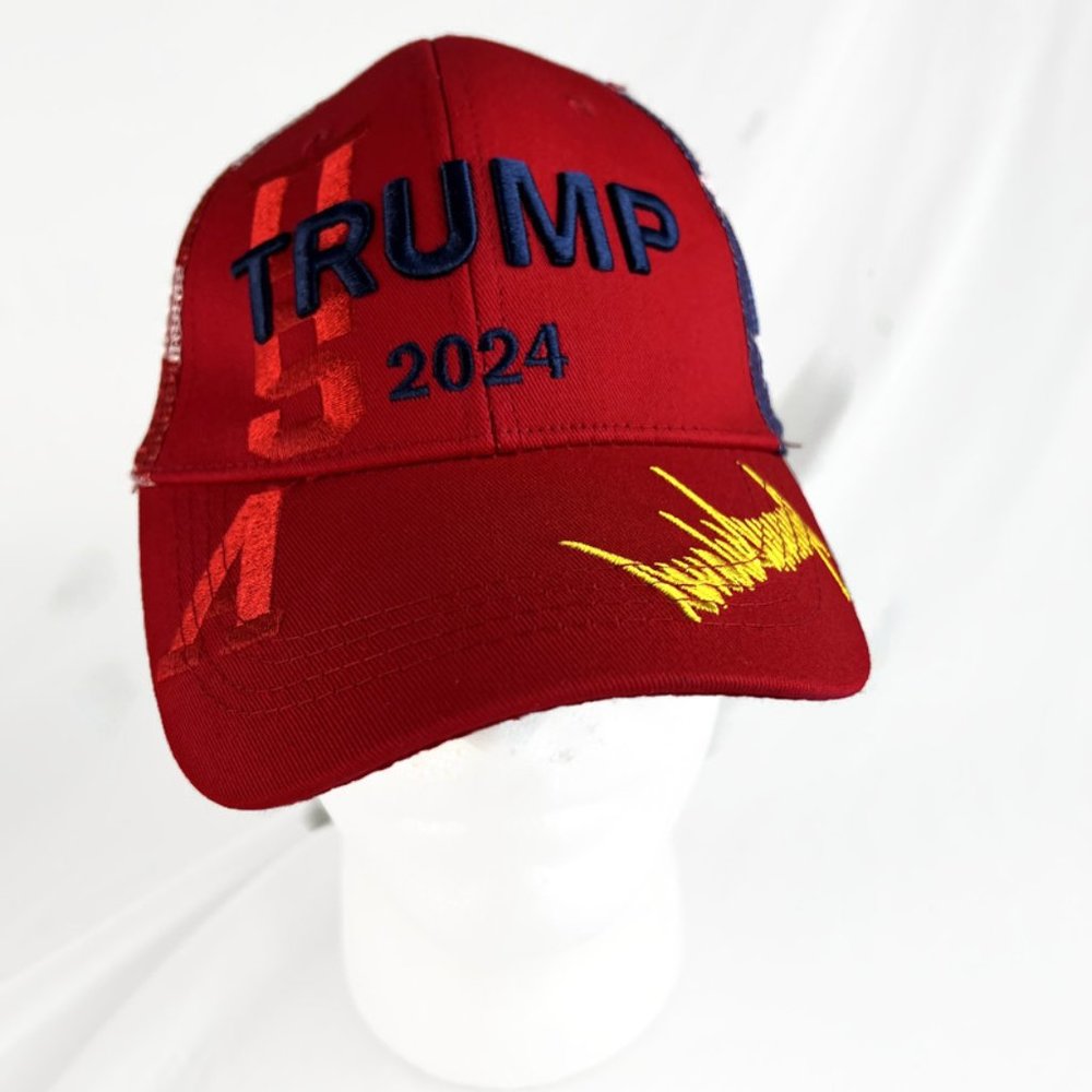 Trump 2024 Trucker Hat Mens Red White Blue USA American Flag Mesh Back Snapback